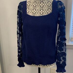 Industry Women's Blue Sweater with Lace Sleeves